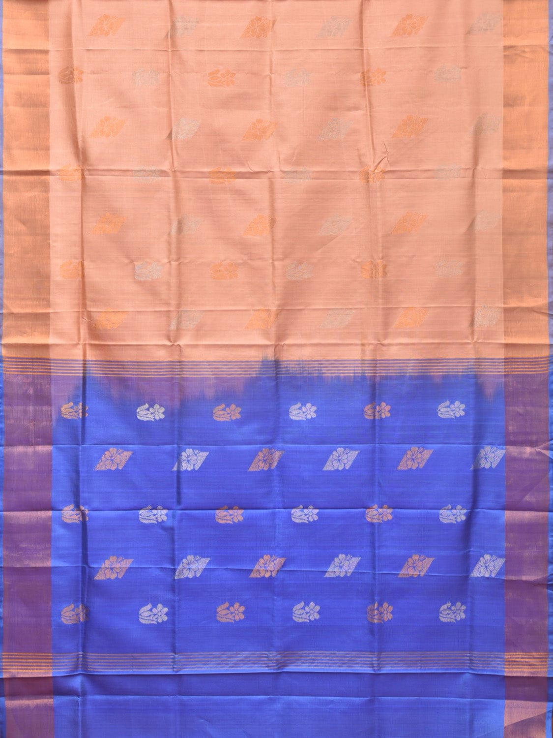 Peach and Light Blue Uppada Silk Handloom Saree with Body Buta Design - Global Threads | Swadesiicart