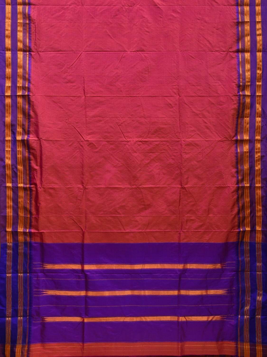 Peach and Purple Narayanpet Silk Saree with Checks Design No Blouse - Global Threads | Swadesiicart