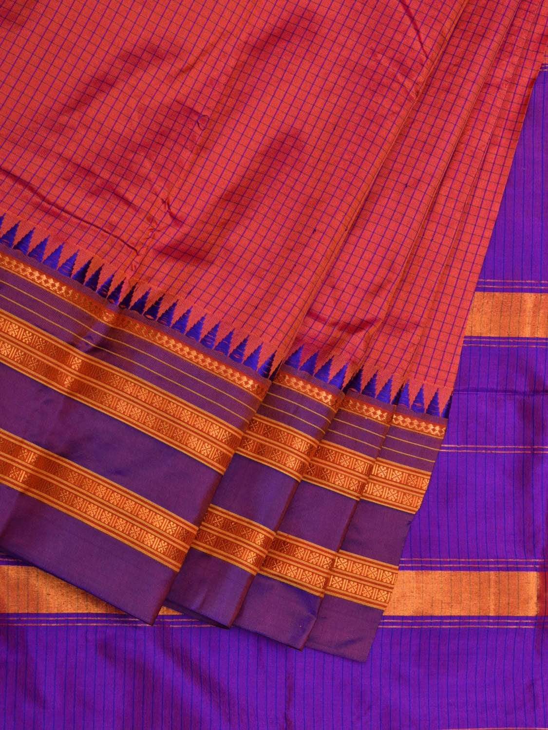 Peach and Purple Narayanpet Silk Saree with Checks Design No Blouse - Global Threads | Swadesiicart