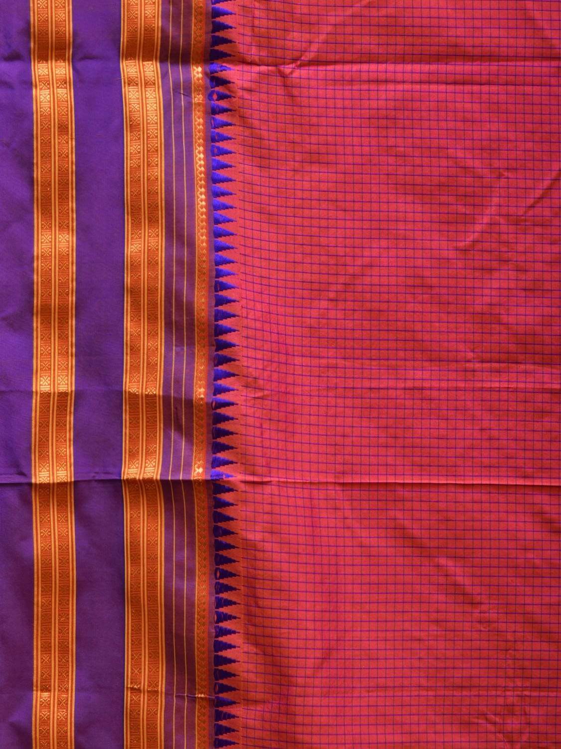 Peach and Purple Narayanpet Silk Saree with Checks Design No Blouse - Global Threads | Swadesiicart