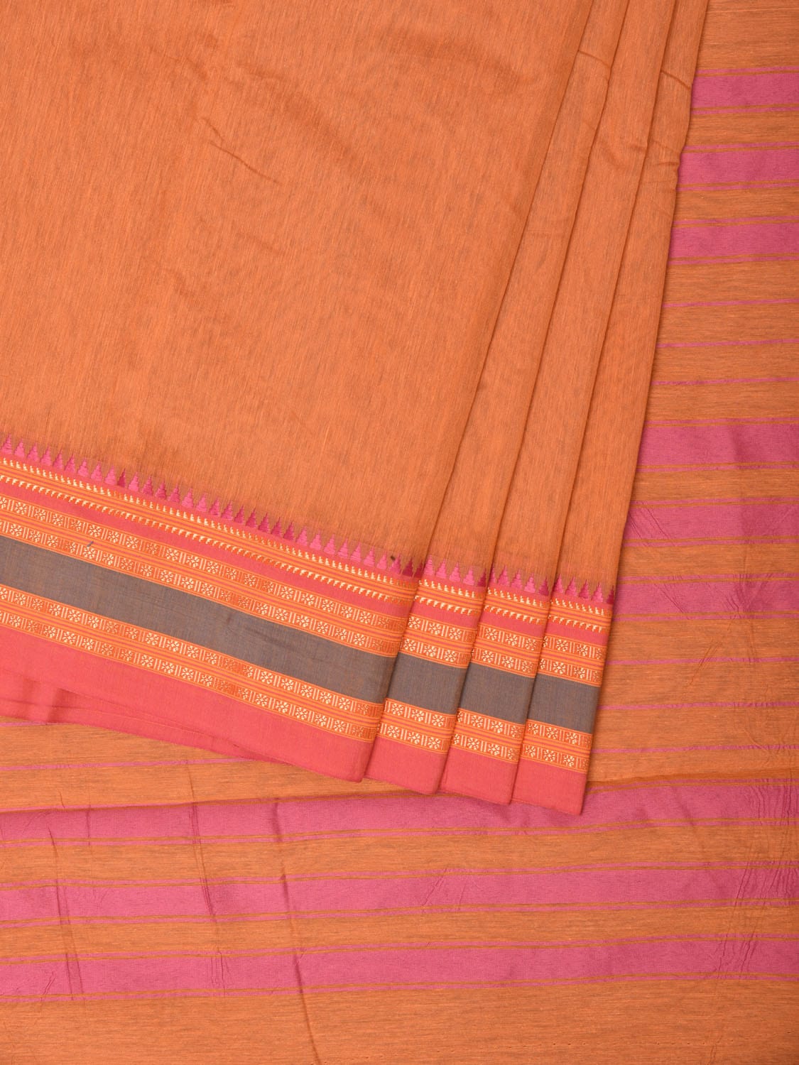 Peach Bamboo Cotton Plain Saree with Border Design No Blouse - Global Threads | Swadesiicart