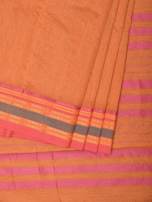 Peach Bamboo Cotton Plain Saree with Border Design No Blouse - Global Threads | Swadesiicart