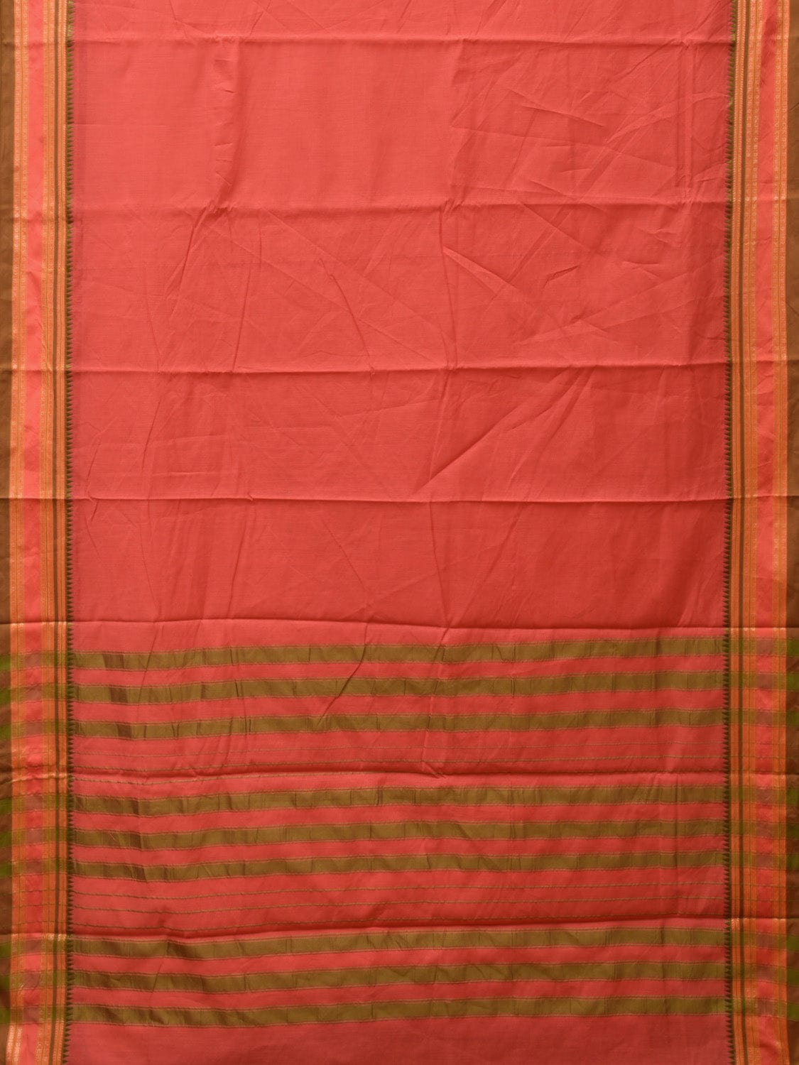 Peach Bamboo Cotton Plain Saree with Strips Pallu Design No Blouse - Global Threads | Swadesiicart