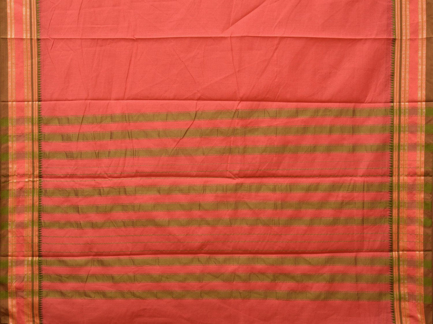 Peach Bamboo Cotton Plain Saree with Strips Pallu Design No Blouse - Global Threads | Swadesiicart
