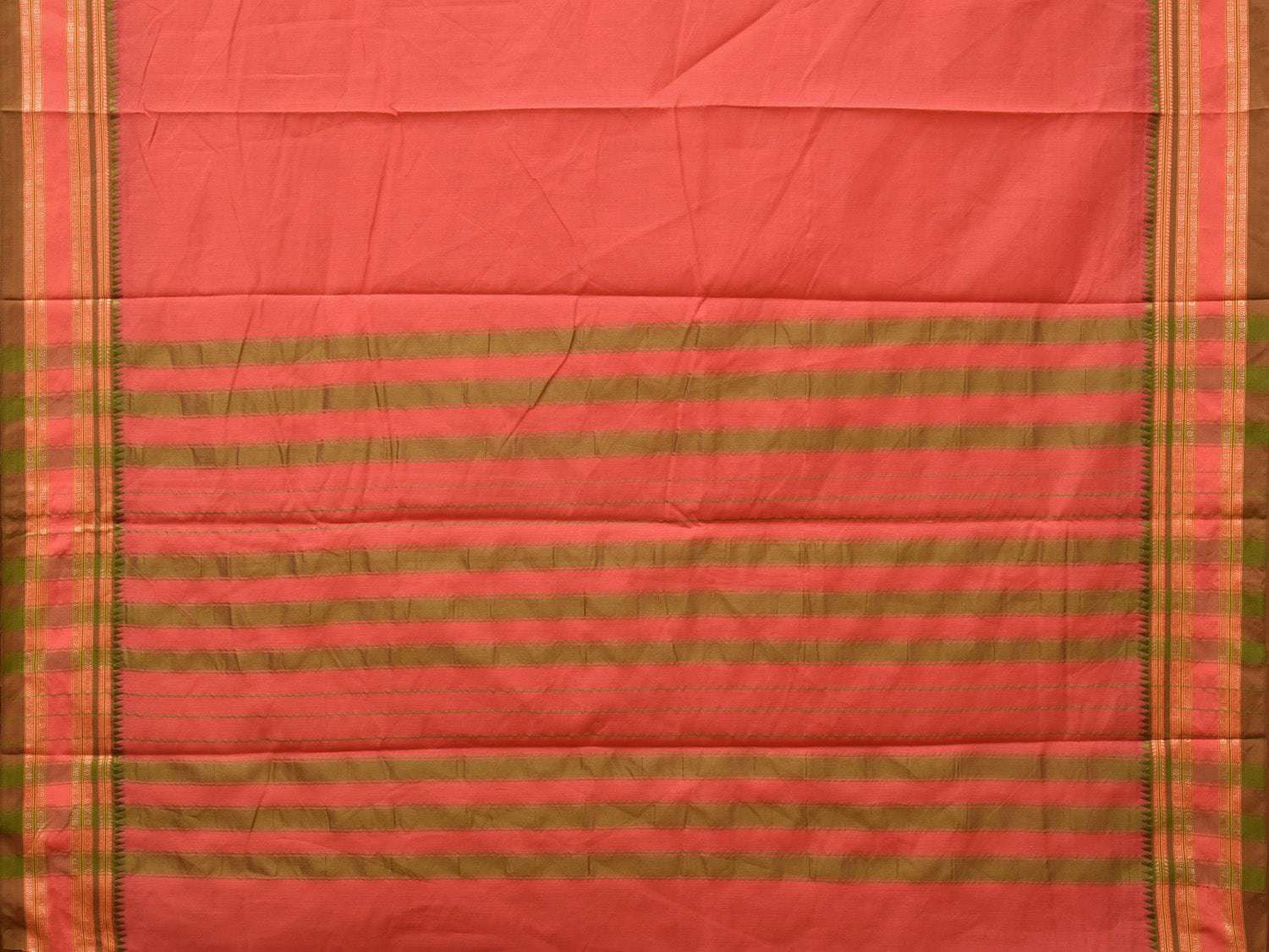Peach Bamboo Cotton Plain Saree with Strips Pallu Design No Blouse - Global Threads | Swadesiicart