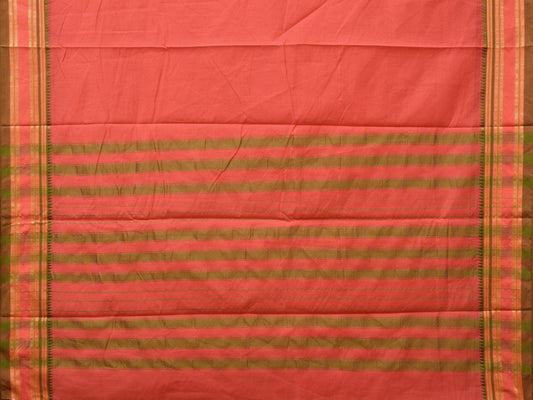 Peach Bamboo Cotton Plain Saree with Strips Pallu Design No Blouse - Global Threads | Swadesiicart