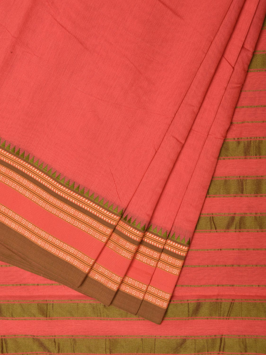 Peach Bamboo Cotton Plain Saree with Strips Pallu Design No Blouse - Global Threads | Swadesiicart