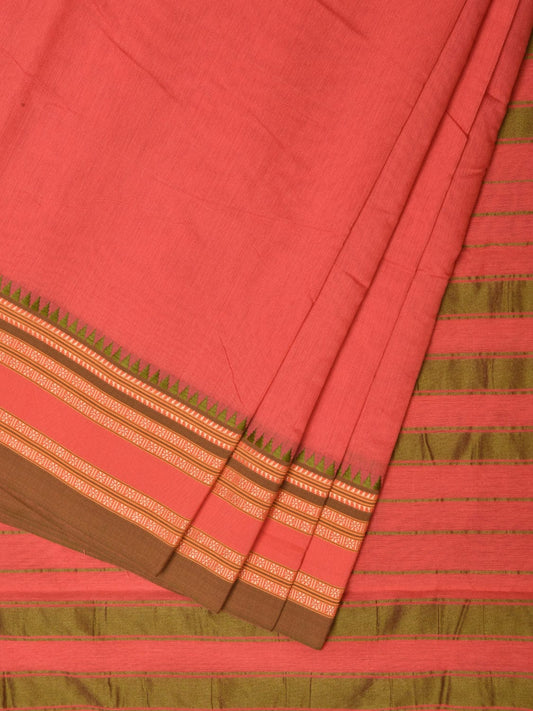 Peach Bamboo Cotton Plain Saree with Strips Pallu Design No Blouse - Global Threads | Swadesiicart
