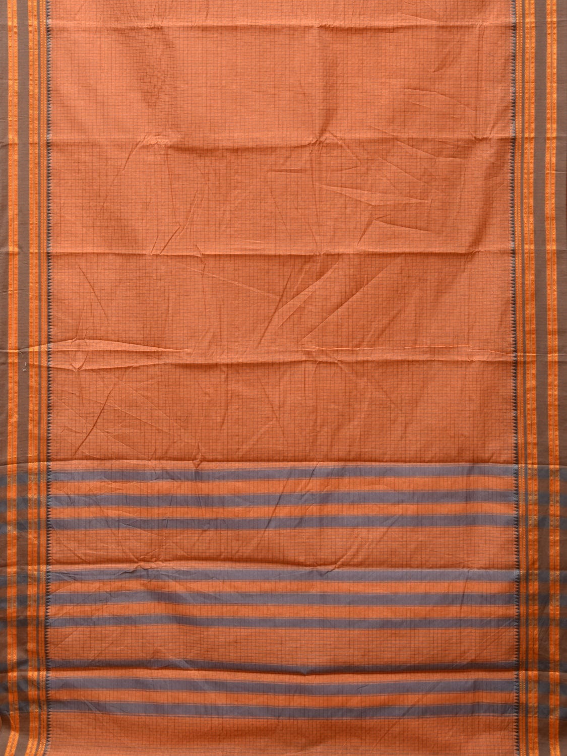 Peach Bamboo Cotton Saree with Checks Design No Blouse - Global Threads | Swadesiicart