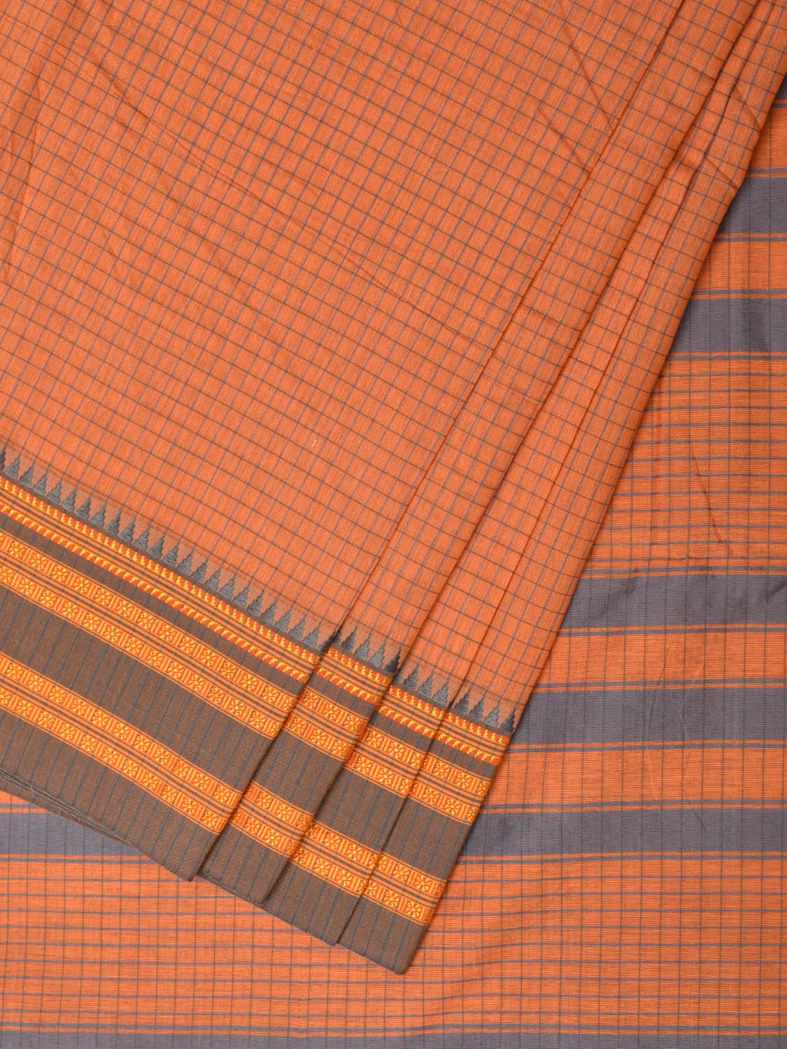 Peach Bamboo Cotton Saree with Checks Design No Blouse - Global Threads | Swadesiicart