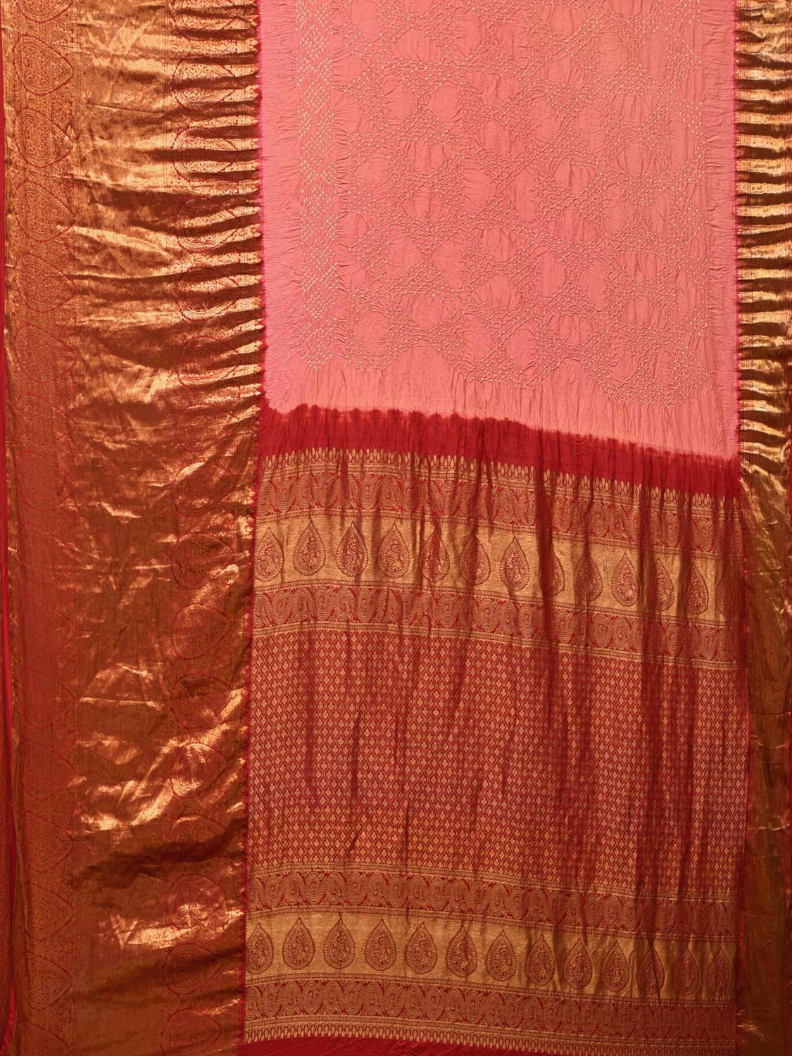 Peach Bandhani Kanchipuram Silk Handloom Saree with Pallu and Border Design - Global Threads | Swadesiicart