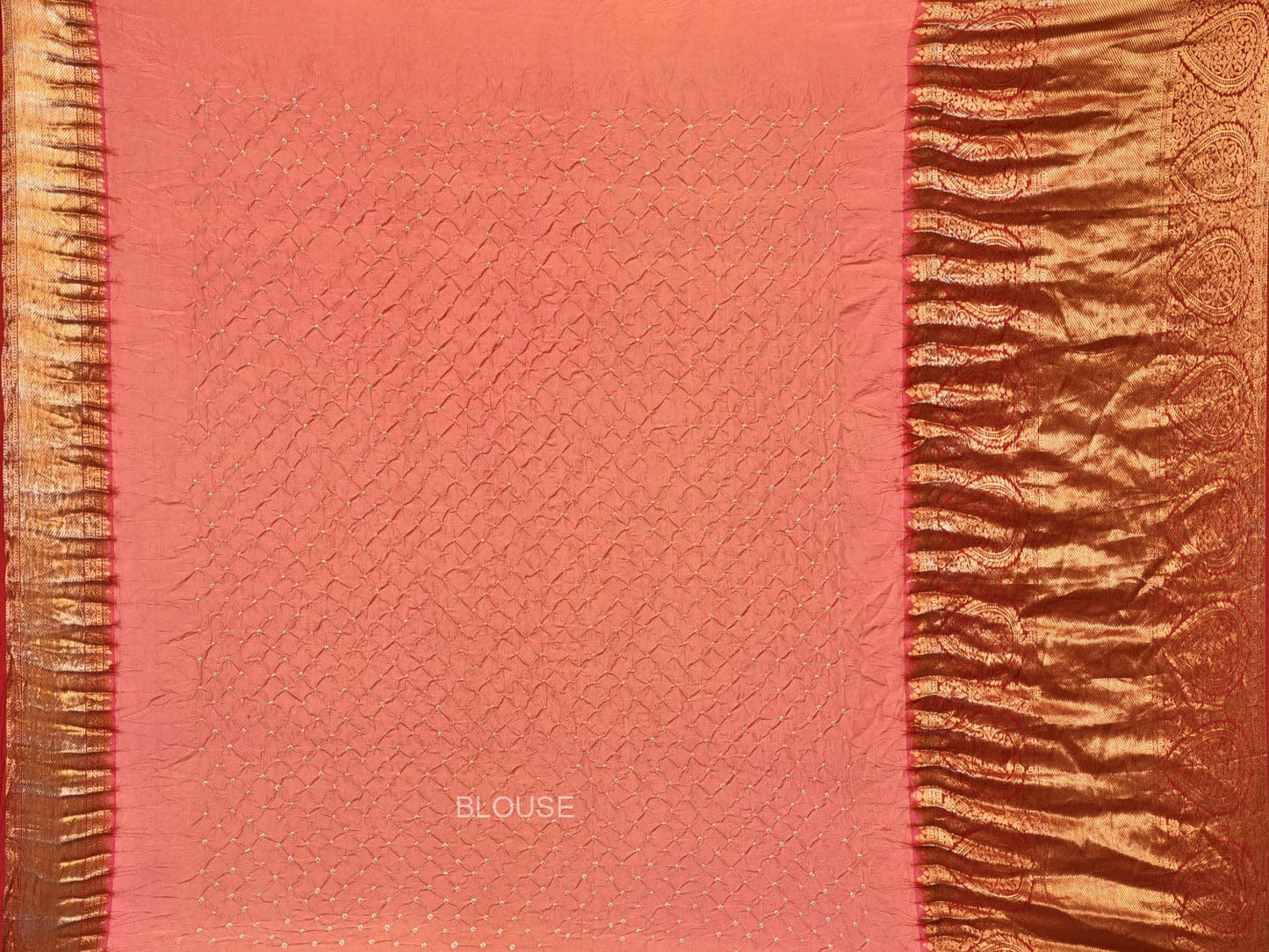 Peach Bandhani Kanchipuram Silk Handloom Saree with Pallu and Border Design - Global Threads | Swadesiicart