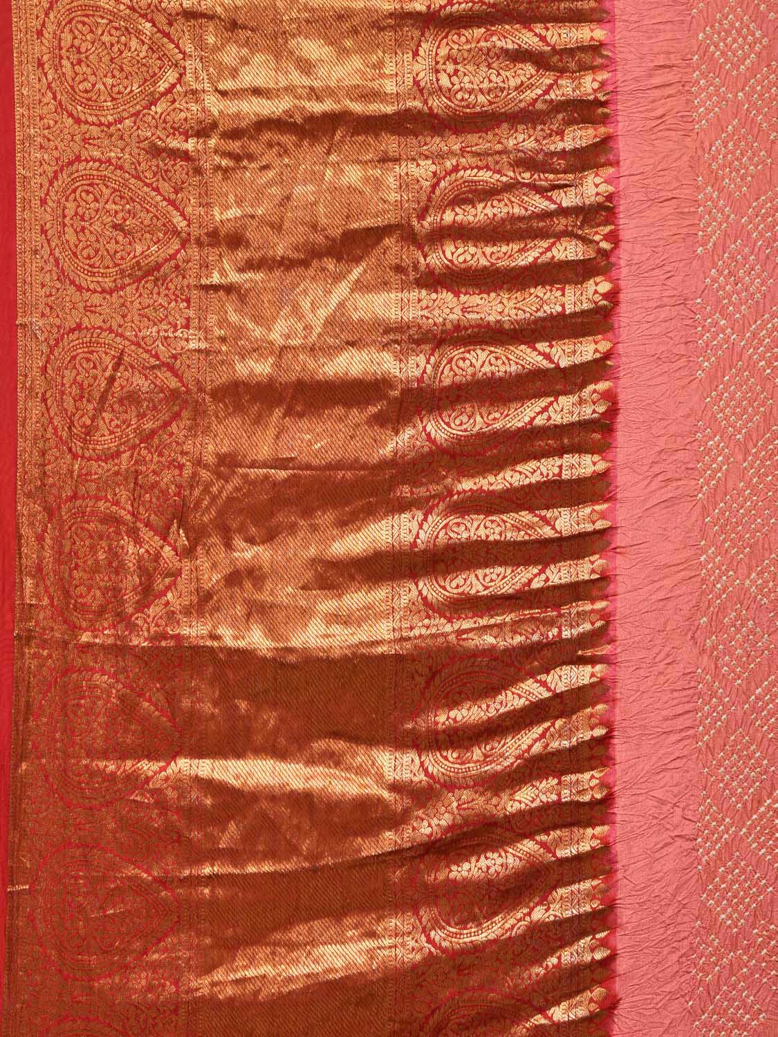 Peach Bandhani Kanchipuram Silk Handloom Saree with Pallu and Border Design - Global Threads | Swadesiicart