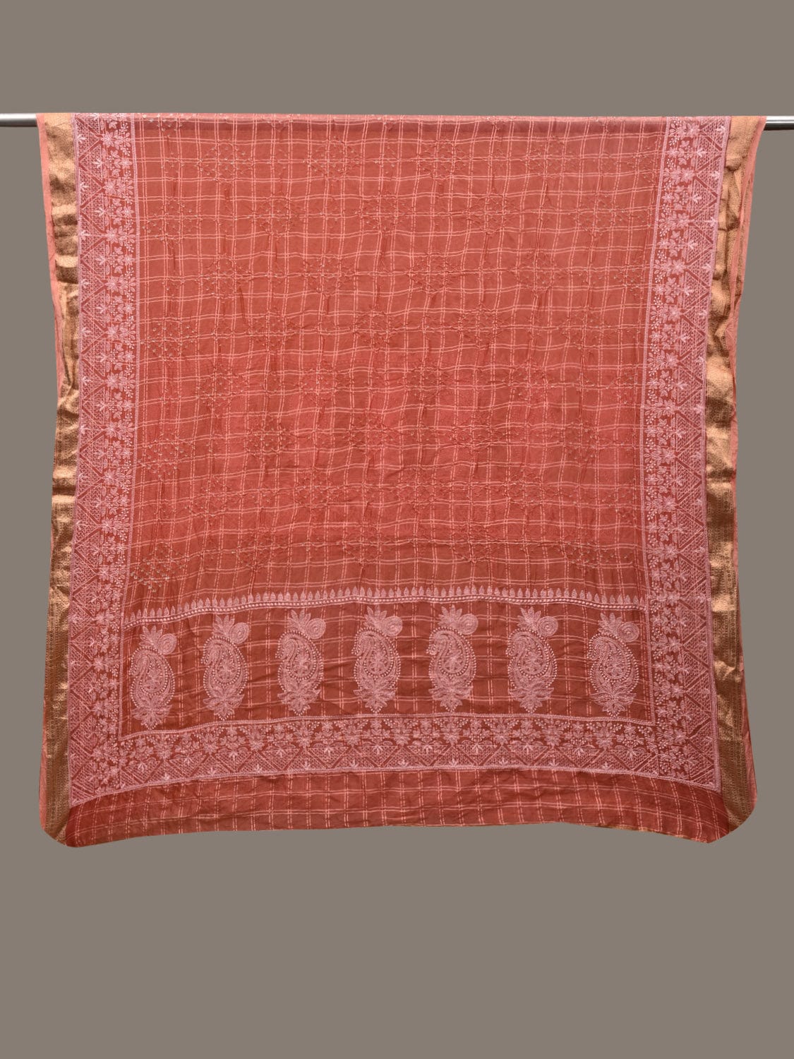Peach Bandhani Silk Handloom Dupatta with Mango and Border Design - Global Threads | Swadesiicart