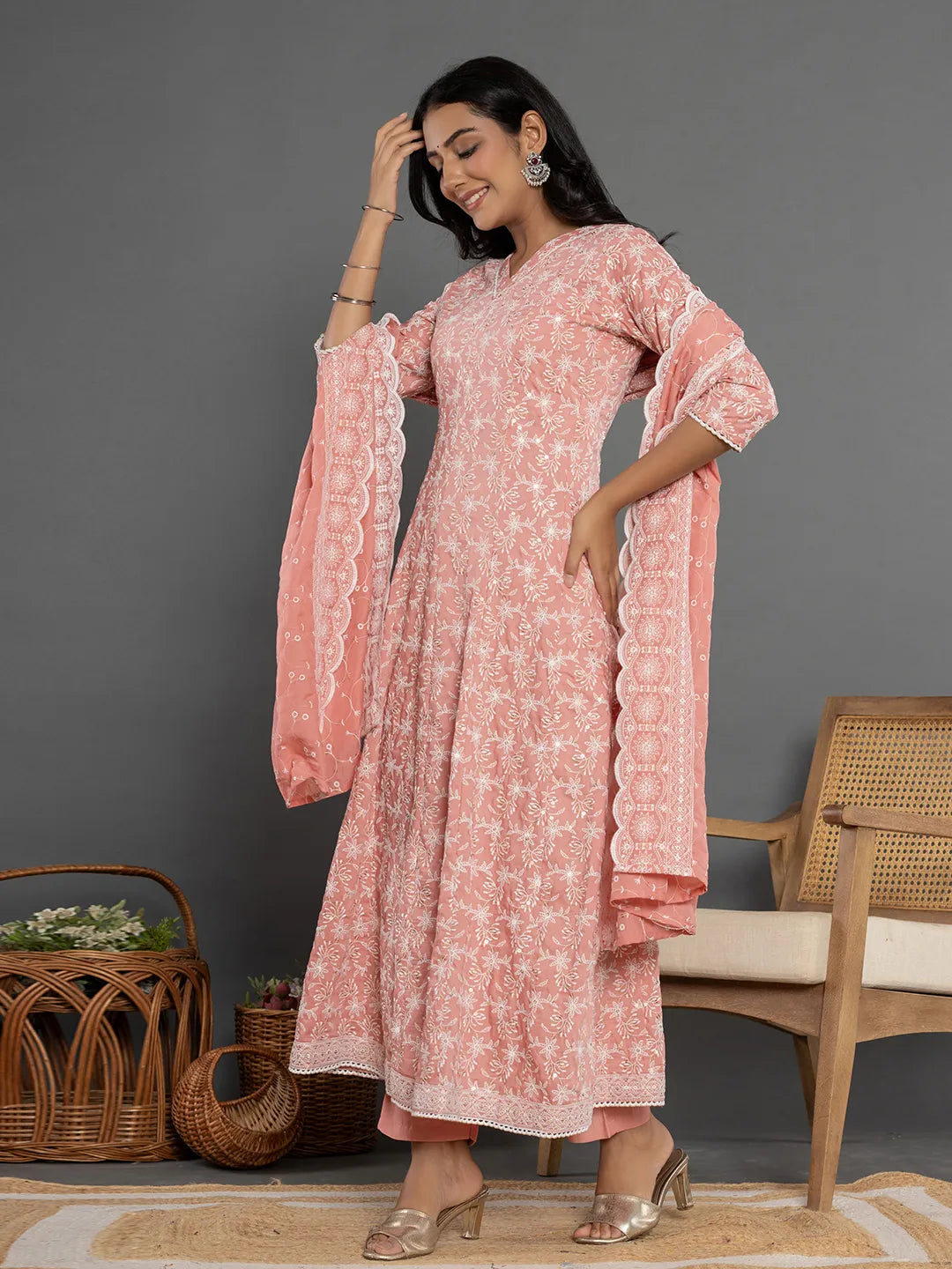 Yufta Peach Cotton Silk Embroidered Anarkali Kurta Dupatta Set - Swadesiicart