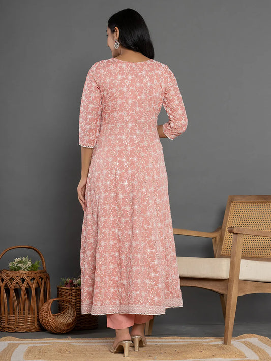 Yufta Peach Cotton Silk Embroidered Anarkali Kurta Dupatta Set - Swadesiicart
