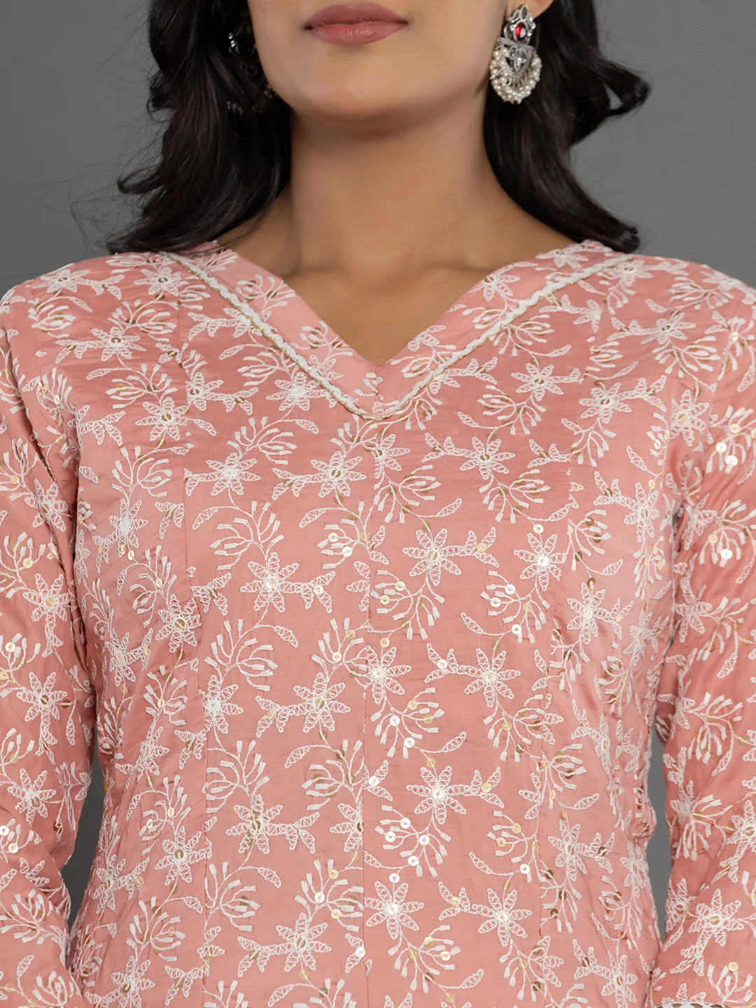 Yufta Peach Cotton Silk Embroidered Anarkali Kurta Dupatta Set - Swadesiicart