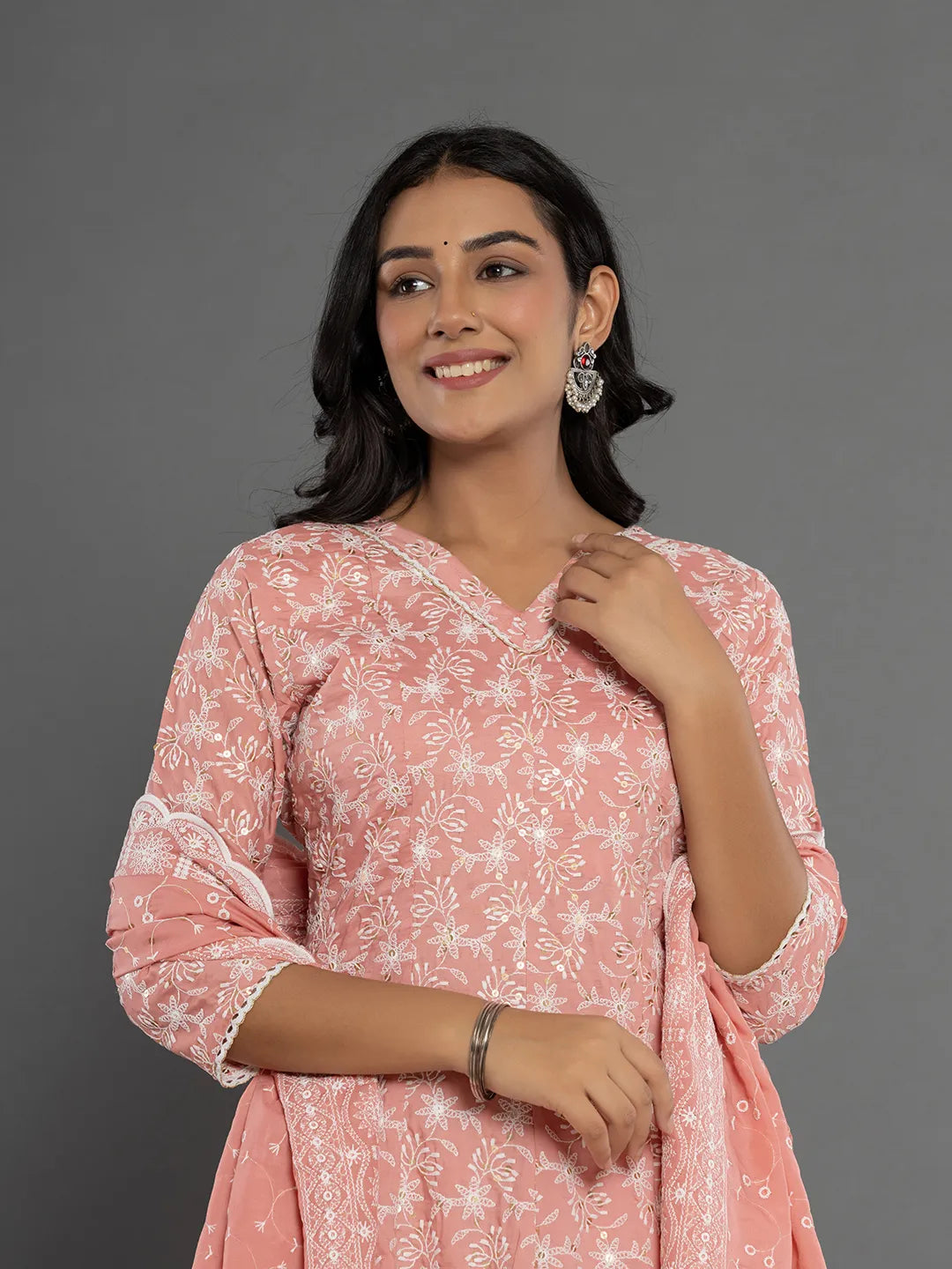Yufta Peach Cotton Silk Embroidered Anarkali Kurta Dupatta Set - Swadesiicart