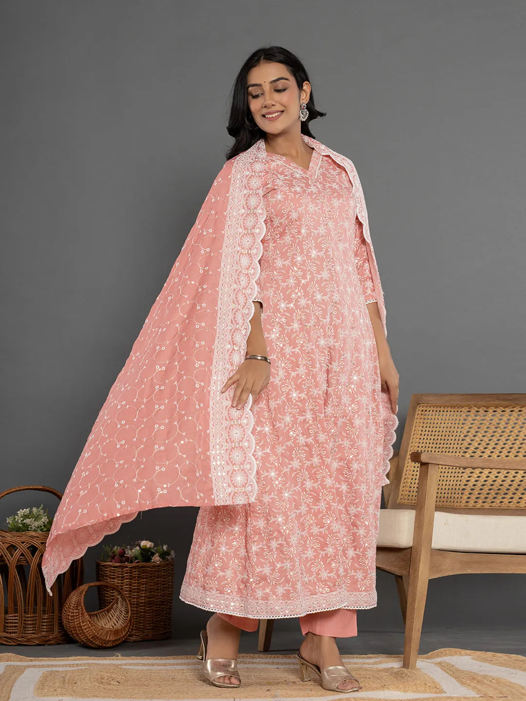 Yufta Peach Cotton Silk Embroidered Anarkali Kurta Dupatta Set - Swadesiicart