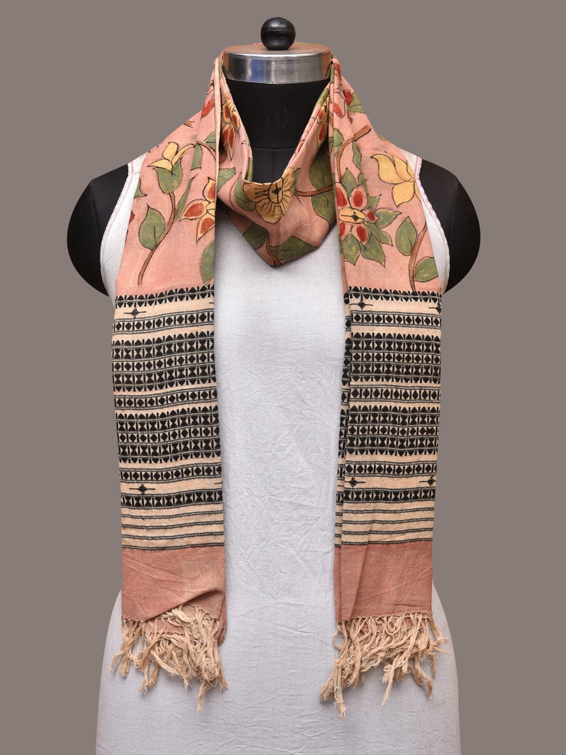Peach Kalamkari Hand Painted Cotton Bhujodi Handloom Dupatta with Floral Design - Global Threads | Swadesiicart