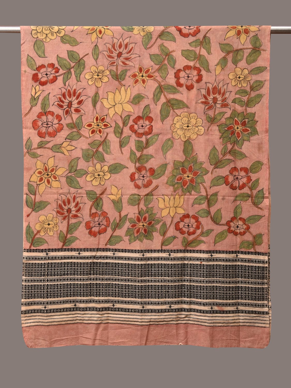 Peach Kalamkari Hand Painted Cotton Bhujodi Handloom Dupatta with Floral Design - Global Threads | Swadesiicart