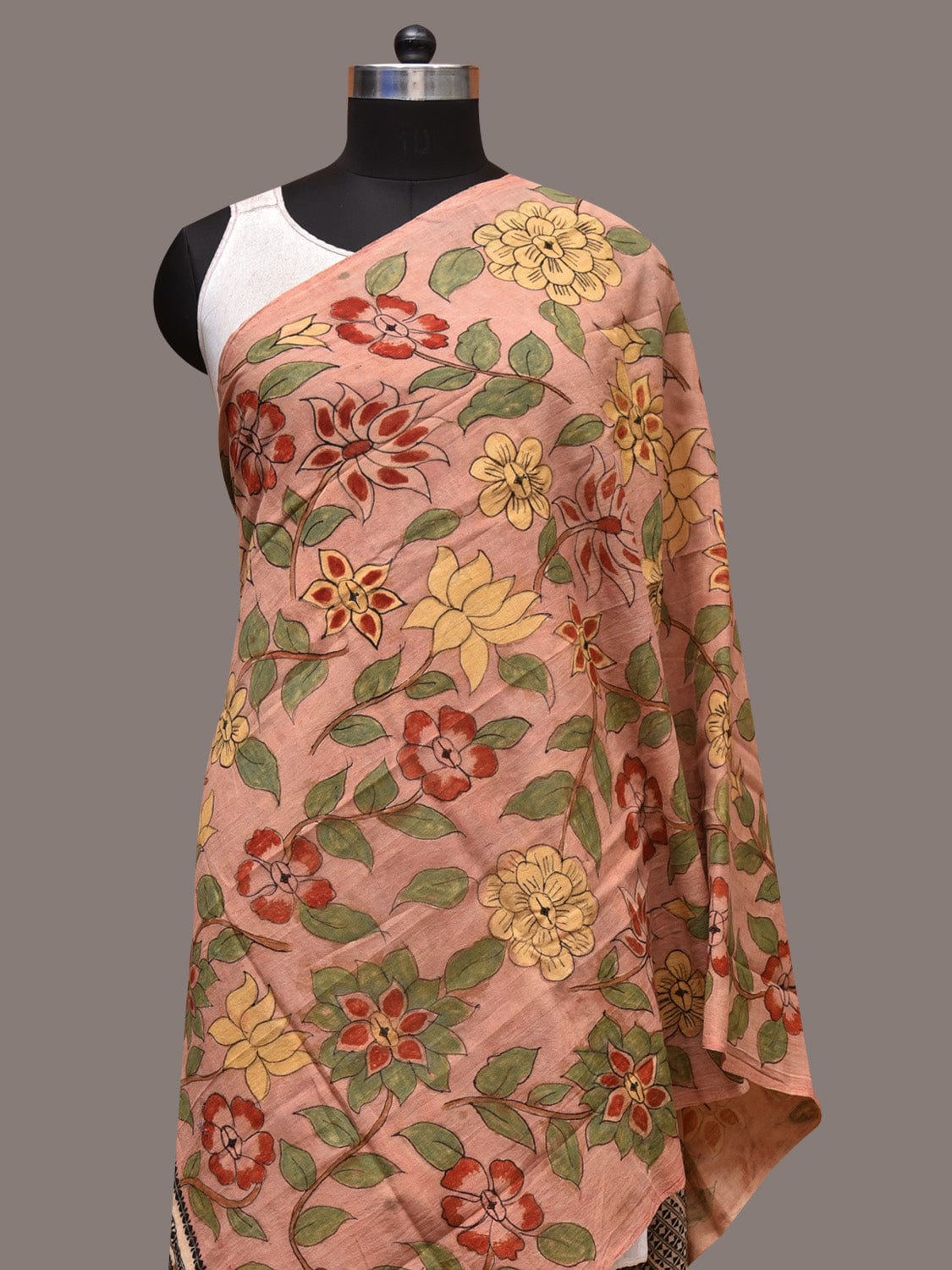 Peach Kalamkari Hand Painted Cotton Bhujodi Handloom Dupatta with Floral Design - Global Threads | Swadesiicart