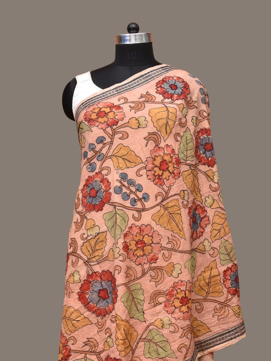 Peach Kalamkari Hand Painted Cotton Handloom Dupatta with Floral Design - Global Threads | Swadesiicart