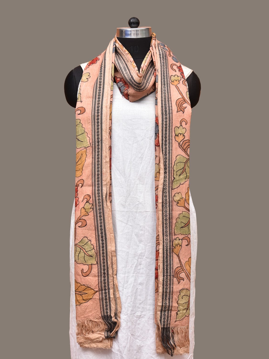 Peach Kalamkari Hand Painted Cotton Handloom Dupatta with Floral Design - Global Threads | Swadesiicart