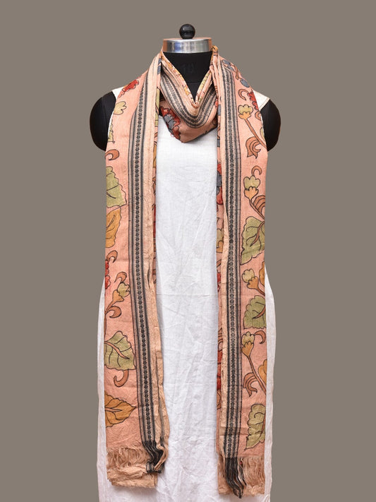 Peach Kalamkari Hand Painted Cotton Handloom Dupatta with Floral Design - Global Threads | Swadesiicart