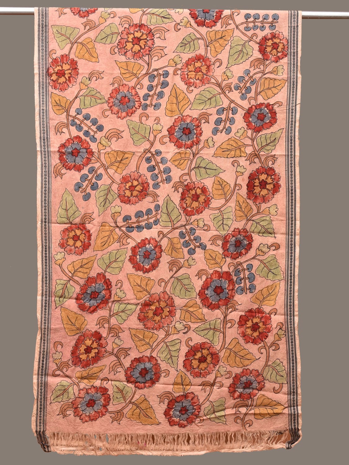 Peach Kalamkari Hand Painted Cotton Handloom Dupatta with Floral Design - Global Threads | Swadesiicart