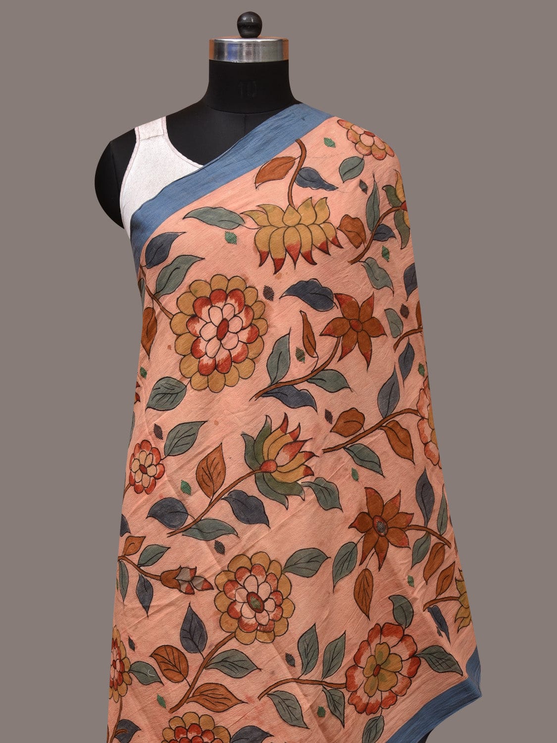 Peach Kalamkari Hand Painted Cotton Handloom Dupatta with Floral Design - Global Threads | Swadesiicart