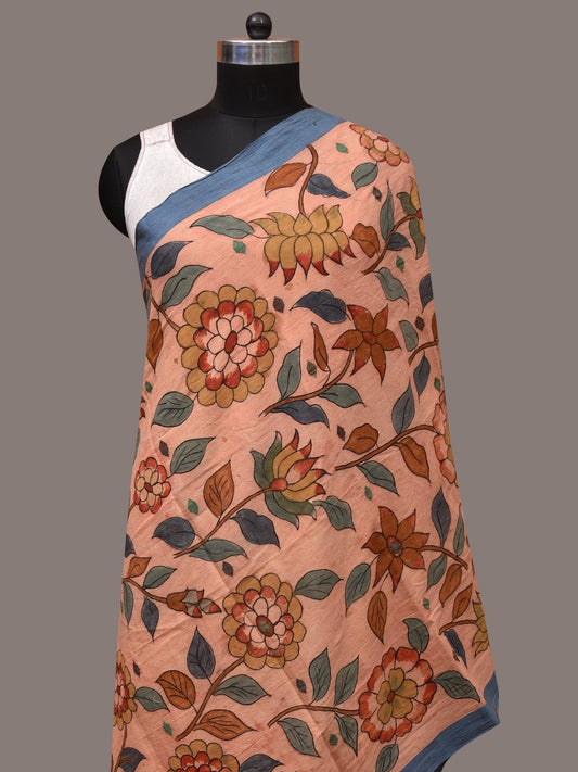 Peach Kalamkari Hand Painted Cotton Handloom Dupatta with Floral Design - Global Threads | Swadesiicart