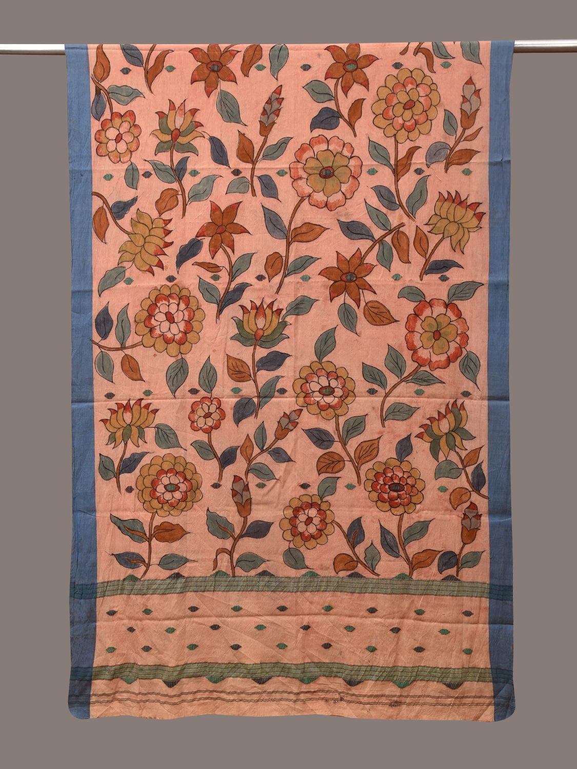Peach Kalamkari Hand Painted Cotton Handloom Dupatta with Floral Design - Global Threads | Swadesiicart