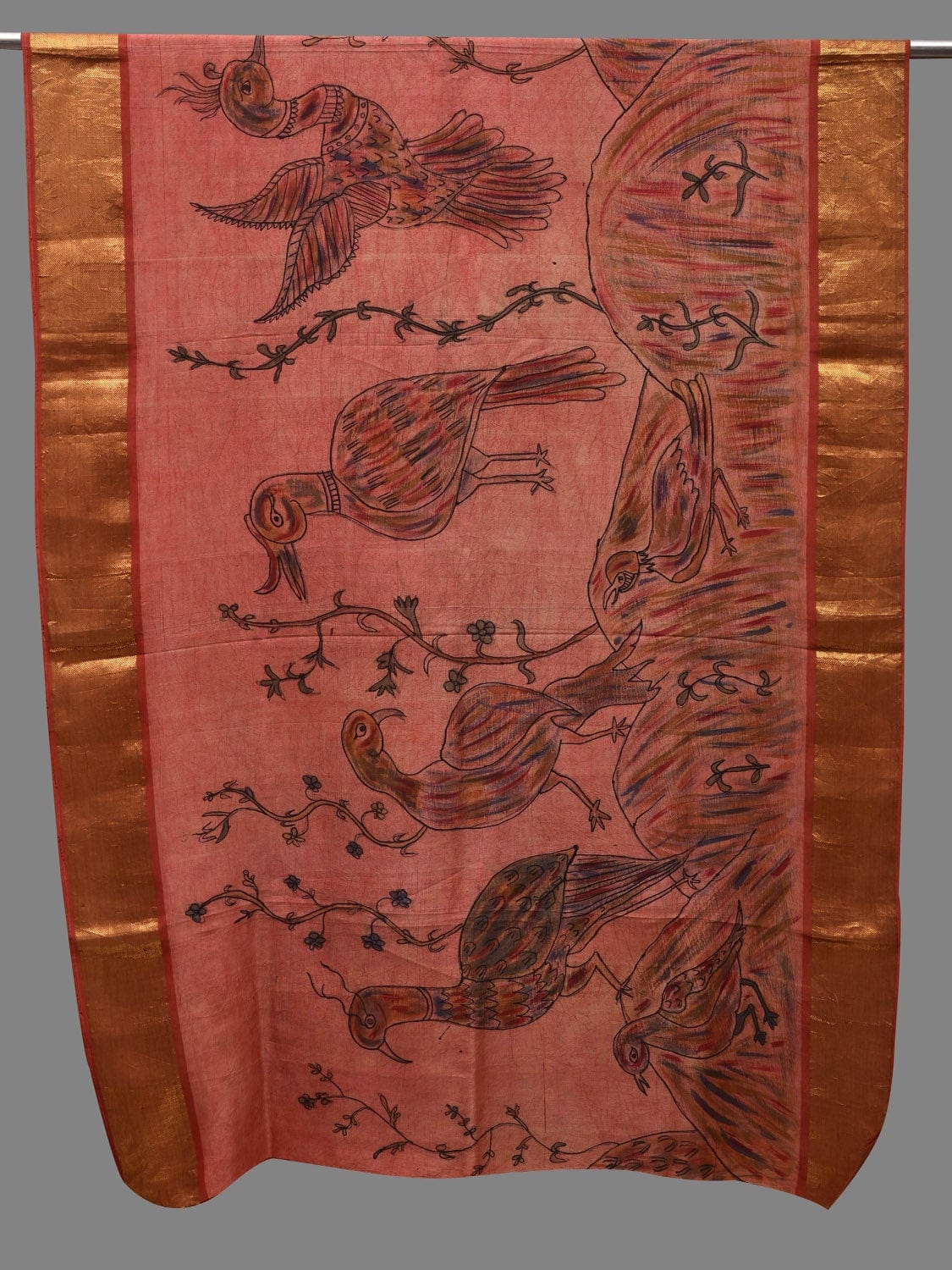 Peach Kalamkari Hand Painted Kanchipuram Silk Handloom Dupatta with Birds Design - Global Threads | Swadesiicart