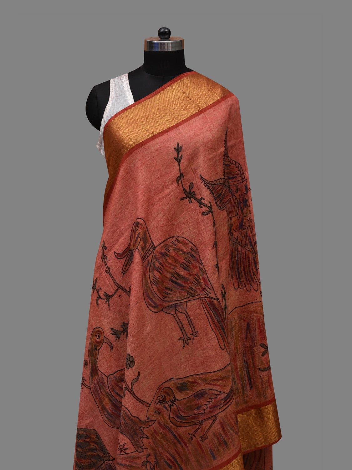 Peach Kalamkari Hand Painted Kanchipuram Silk Handloom Dupatta with Birds Design - Global Threads | Swadesiicart