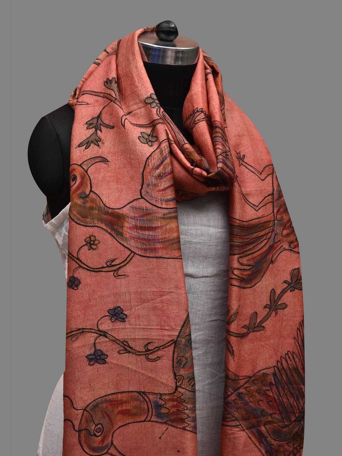 Peach Kalamkari Hand Painted Kanchipuram Silk Handloom Dupatta with Birds Design - Global Threads | Swadesiicart