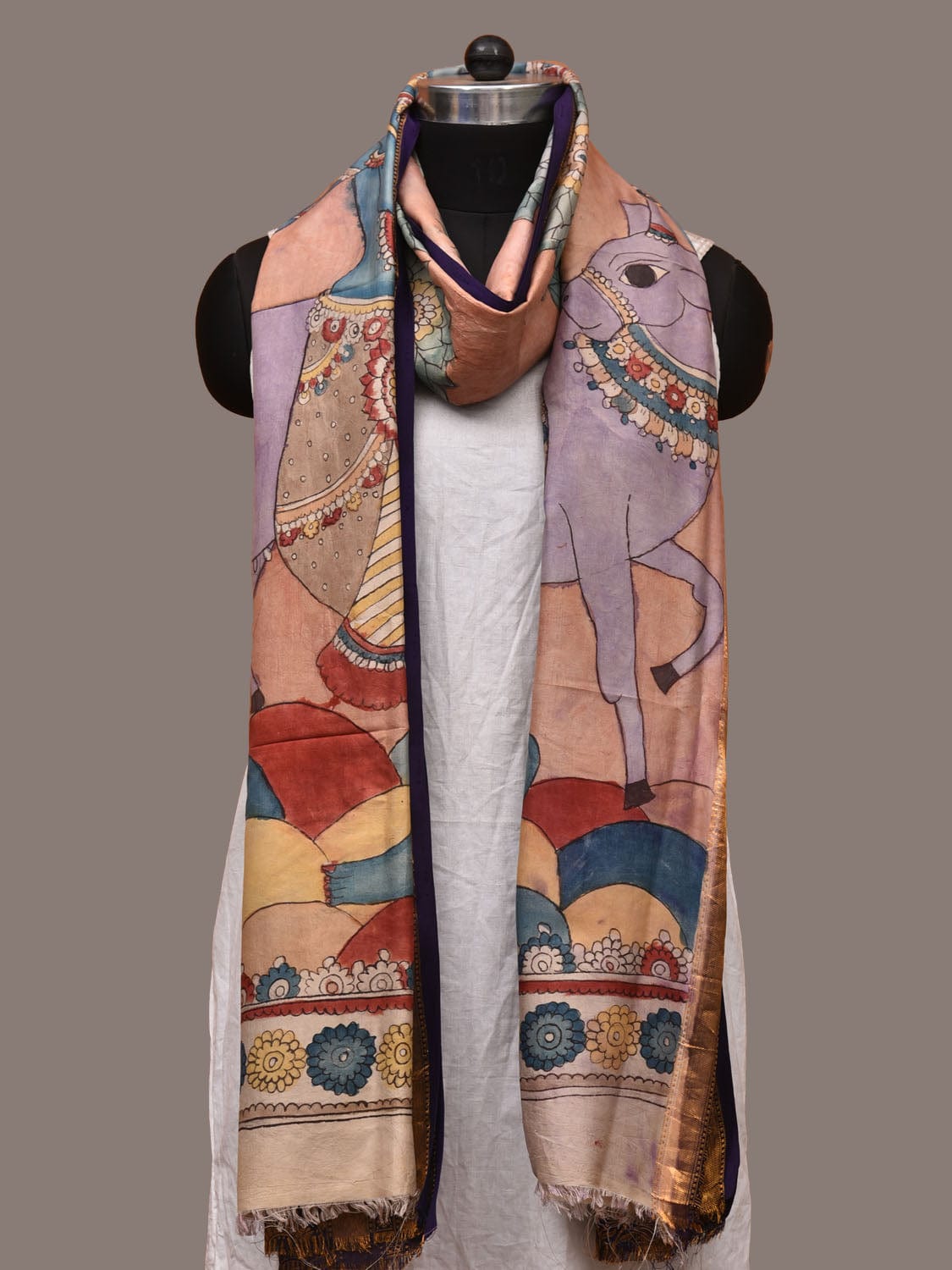 Peach Kalamkari Hand Painted Kanchipuram Silk Handloom Dupatta with Krishna and Cow Design - Global Threads | Swadesiicart