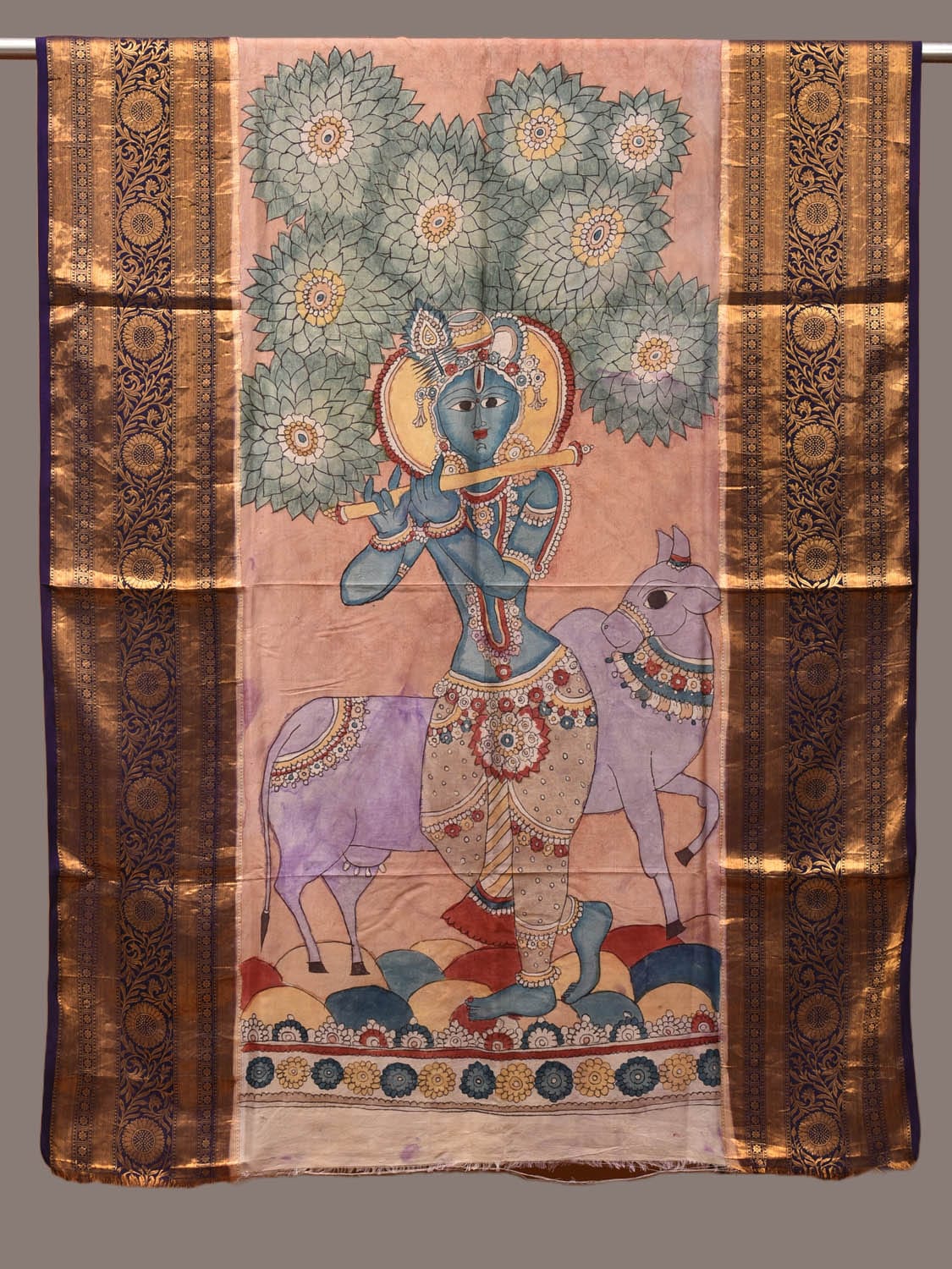 Peach Kalamkari Hand Painted Kanchipuram Silk Handloom Dupatta with Krishna and Cow Design - Global Threads | Swadesiicart