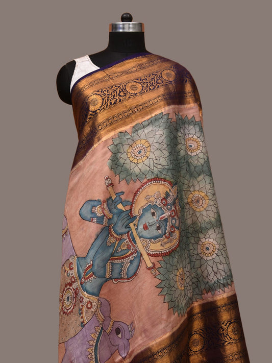 Peach Kalamkari Hand Painted Kanchipuram Silk Handloom Dupatta with Krishna and Cow Design - Global Threads | Swadesiicart
