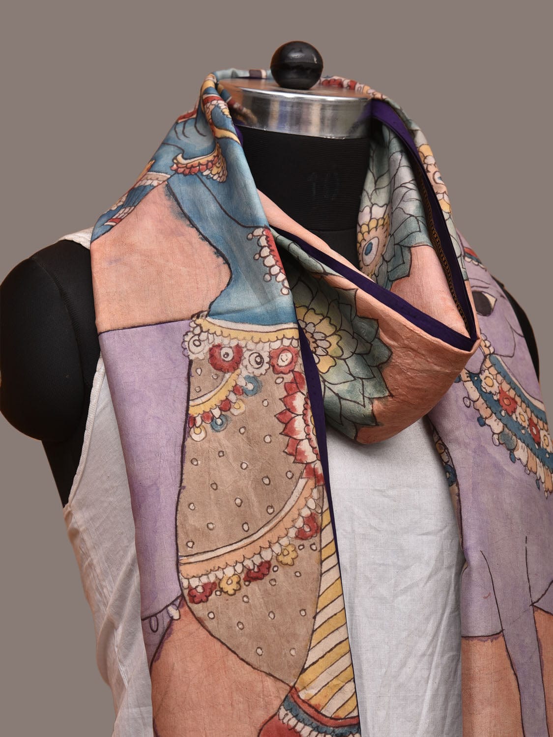 Peach Kalamkari Hand Painted Kanchipuram Silk Handloom Dupatta with Krishna and Cow Design - Global Threads | Swadesiicart