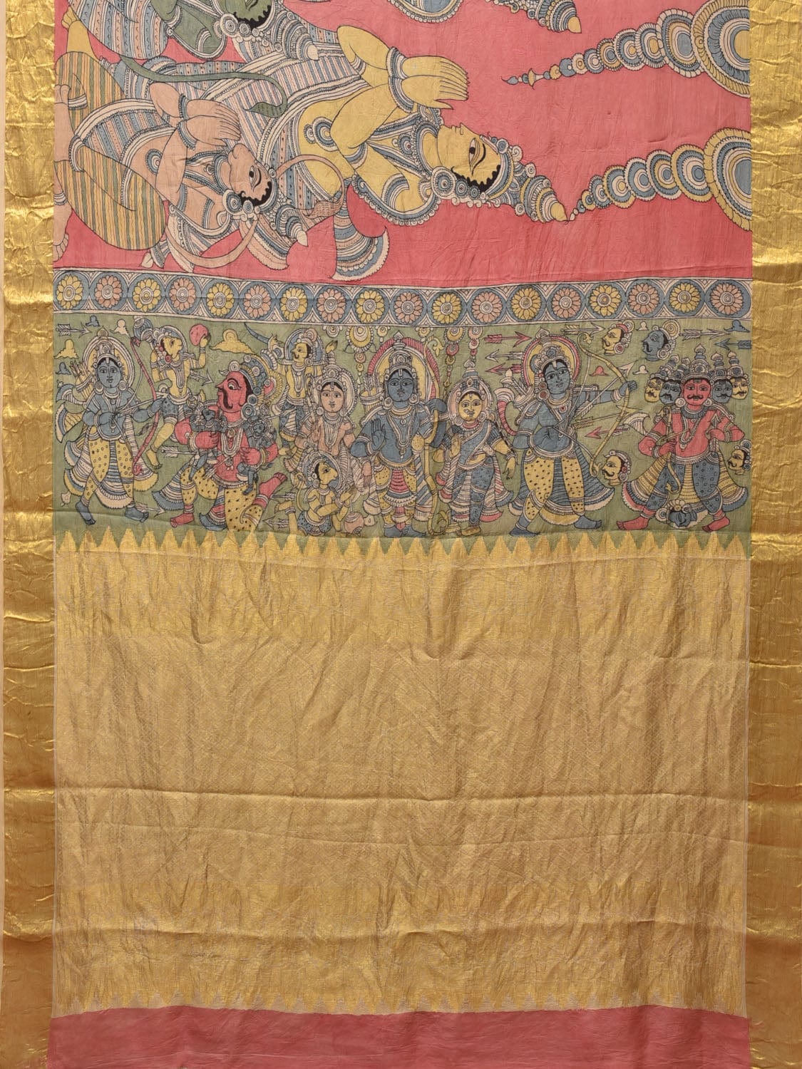 Peach Kalamkari Hand Painted Kanchipuram Silk Handloom Saree with Ramayana Design - Global Threads | Swadesiicart
