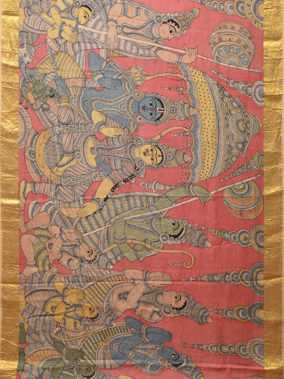 Peach Kalamkari Hand Painted Kanchipuram Silk Handloom Saree with Ramayana Design - Global Threads | Swadesiicart