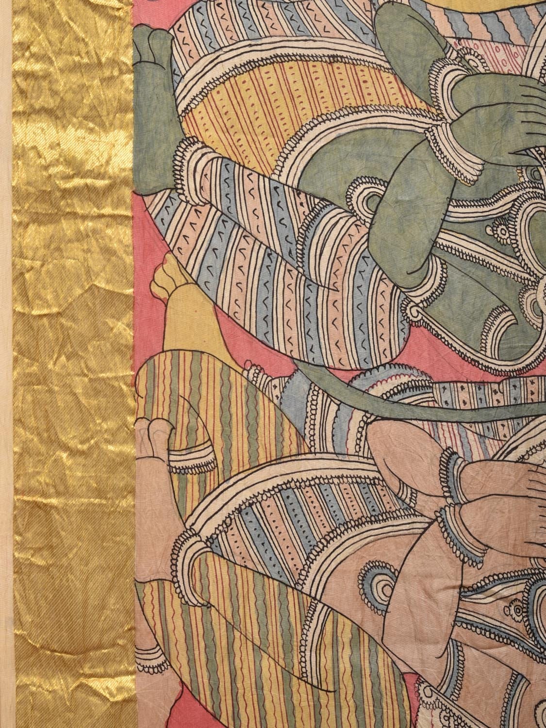 Peach Kalamkari Hand Painted Kanchipuram Silk Handloom Saree with Ramayana Design - Global Threads | Swadesiicart