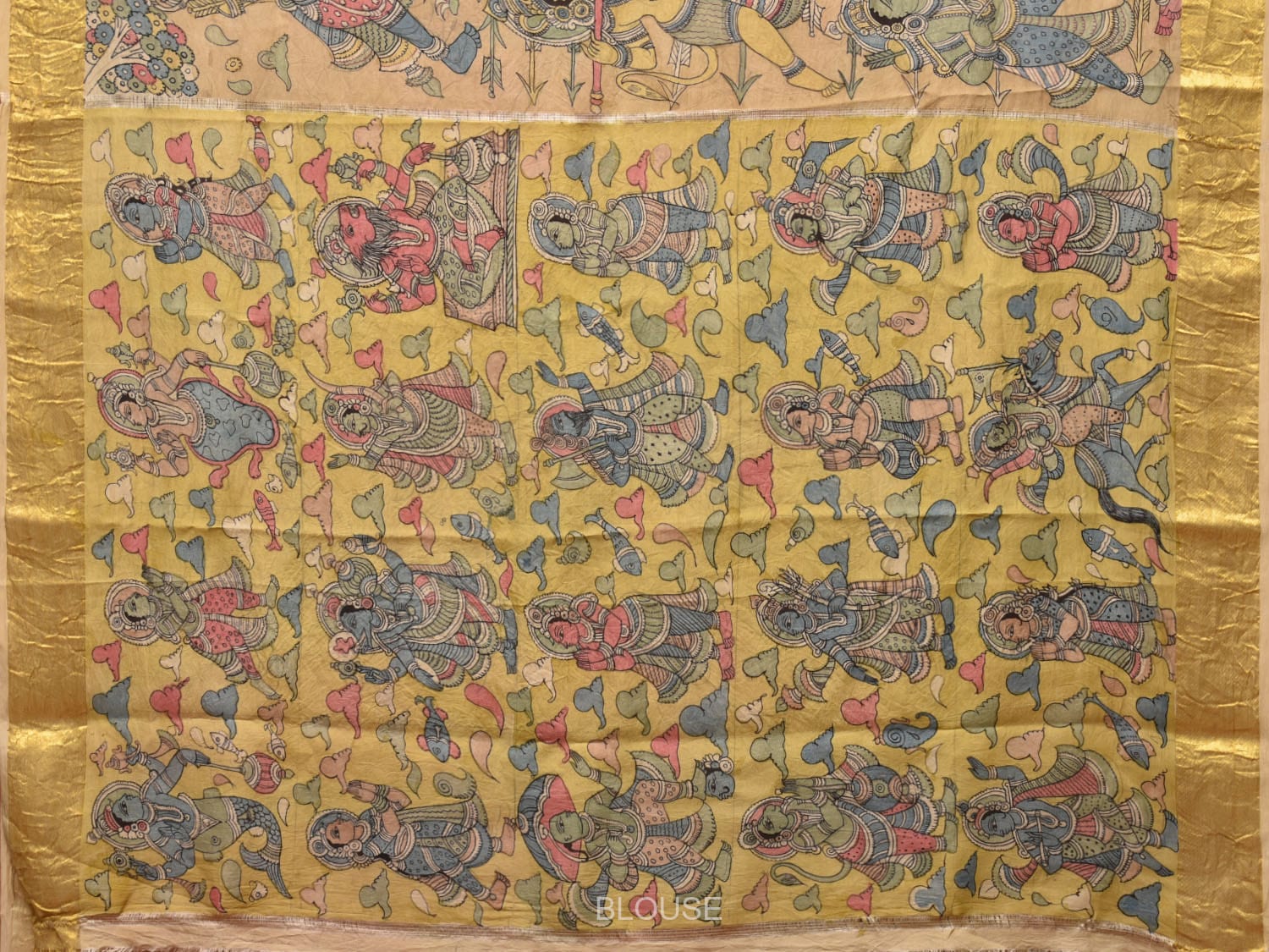 Peach Kalamkari Hand Painted Kanchipuram Silk Handloom Saree with Ramayana Design - Global Threads | Swadesiicart