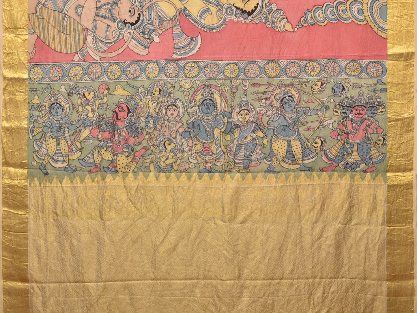 Peach Kalamkari Hand Painted Kanchipuram Silk Handloom Saree with Ramayana Design - Global Threads | Swadesiicart