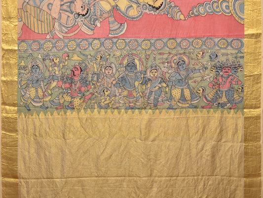 Peach Kalamkari Hand Painted Kanchipuram Silk Handloom Saree with Ramayana Design - Global Threads | Swadesiicart