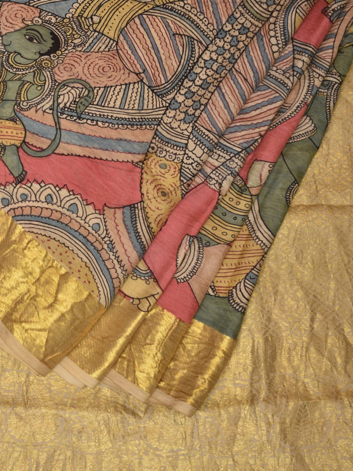 Peach Kalamkari Hand Painted Kanchipuram Silk Handloom Saree with Ramayana Design - Global Threads | Swadesiicart