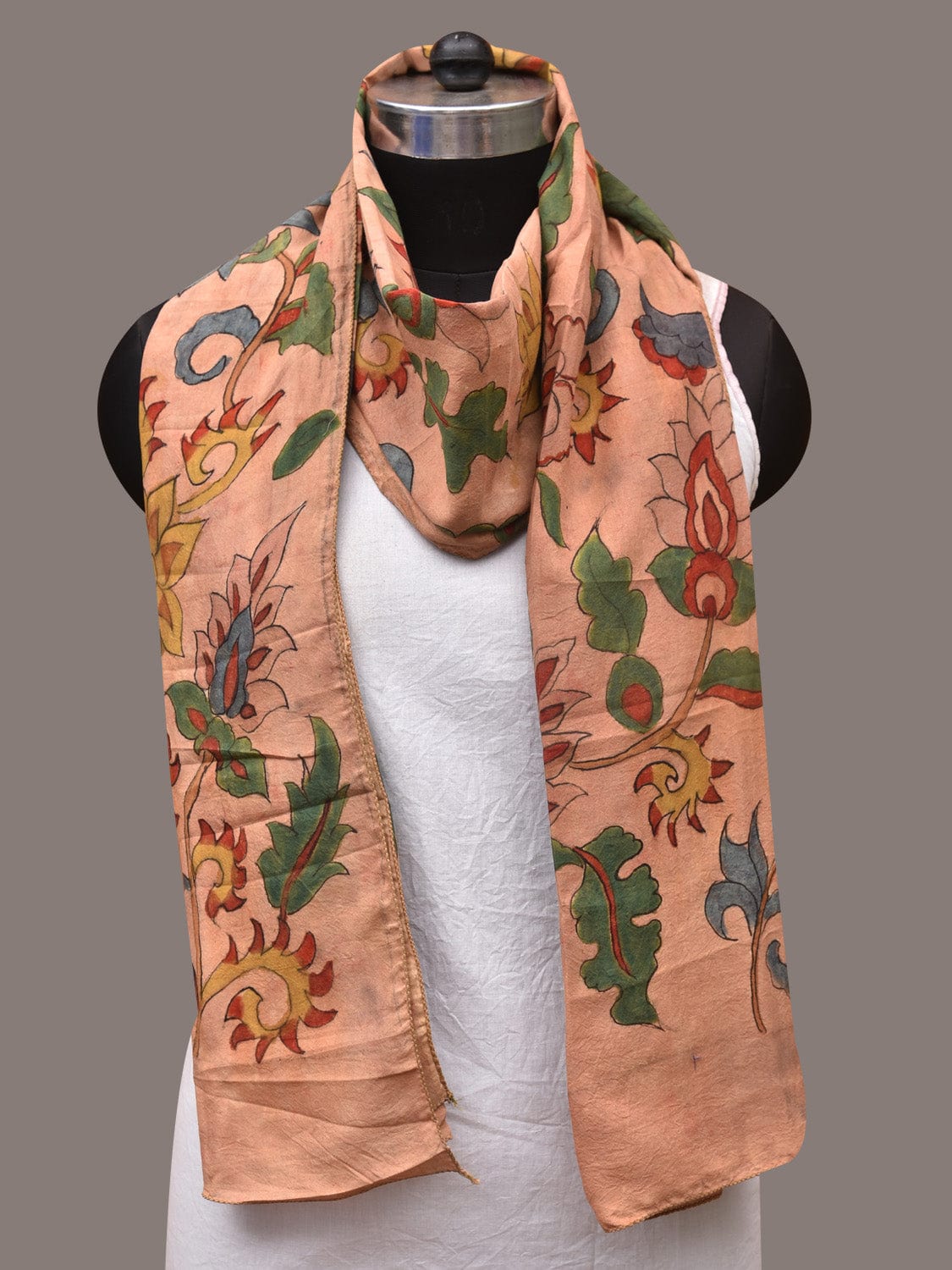 Peach Kalamkari Hand Painted Sico Stole with Floral and Birds Design - Global Threads | Swadesiicart