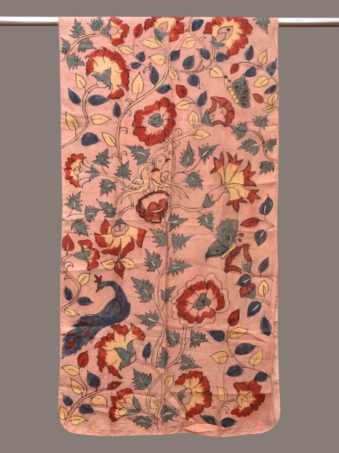 Peach Kalamkari Hand Painted Sico Stole with Floral and Birds Design - Global Threads | Swadesiicart
