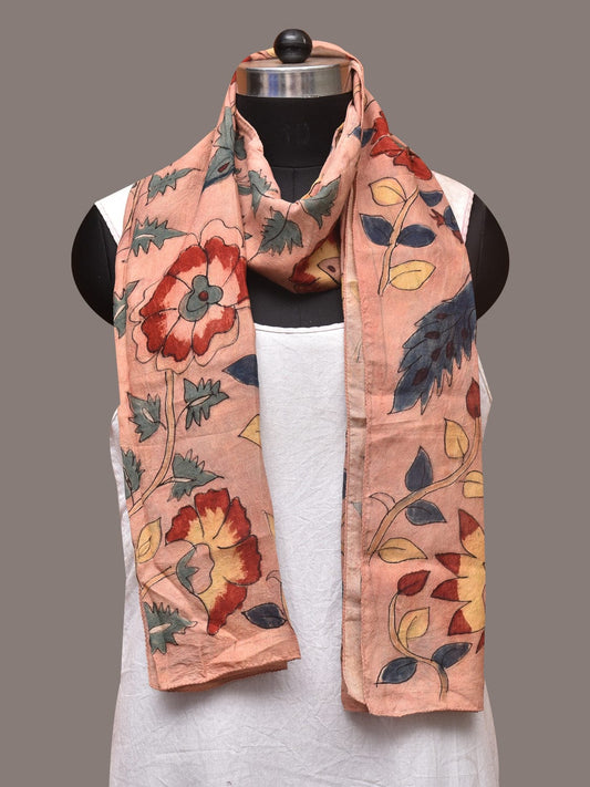 Peach Kalamkari Hand Painted Sico Stole with Floral and Birds Design - Global Threads | Swadesiicart